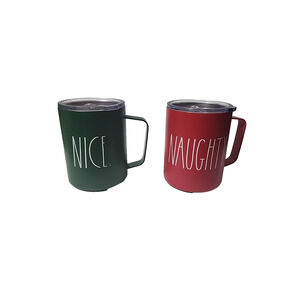 2 Rae Dunn Holiday Collection Naughty/Nice Travel Mugs Stainless Steel 12 oz ea